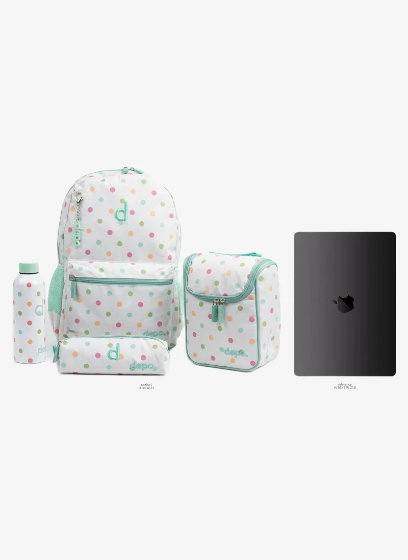 Depo 4-Piece School Backpack Set for Girls – 44cm Backpack with Insulated Lunch Bag, Pencil Case & 500ml Stainless Steel Water Bottle – Polka Dot Design, Mint Green
