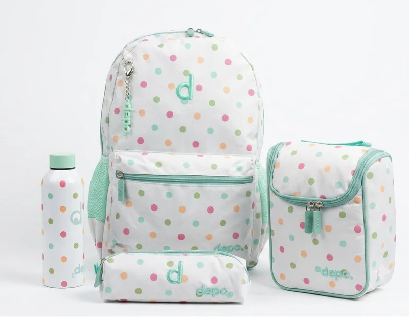 Depo 4-Piece School Backpack Set for Girls – 44cm Backpack with Insulated Lunch Bag, Pencil Case & 500ml Stainless Steel Water Bottle – Polka Dot Design, Mint Green