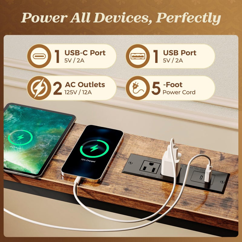 SUPERJARE سوبرجار 110.2 إنش طاولة أريكة مع 2 مخرج طاقة ومنفذ USB-C، 5.9 إنش طاولة وحدة ضيقة مع تخزين، طويلة جداً، لممر المدخل خلف الأريكة، للمساحات الصغيرة، بنية ريفية - Image 3
