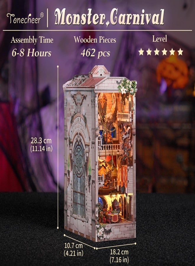 Tonecheer DIY Book Nook Kit for Adults, Double-Sided Booknook Wooden 3D Puzzle Bookend Miniature House Kit, Fantasy Bookshelf Decor with Dust Cover and LED Light for Birthday Gifts (Monster Carnival) - Image 5