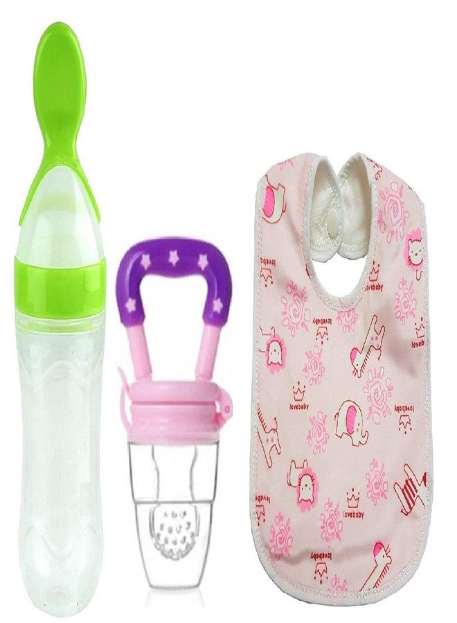 Lappu Baby Food Feeder 90ml and Baby Food Fruit Nibbler Pacifier with Baby Waterproof Soft Bib - (Green-Pink) - Image 1