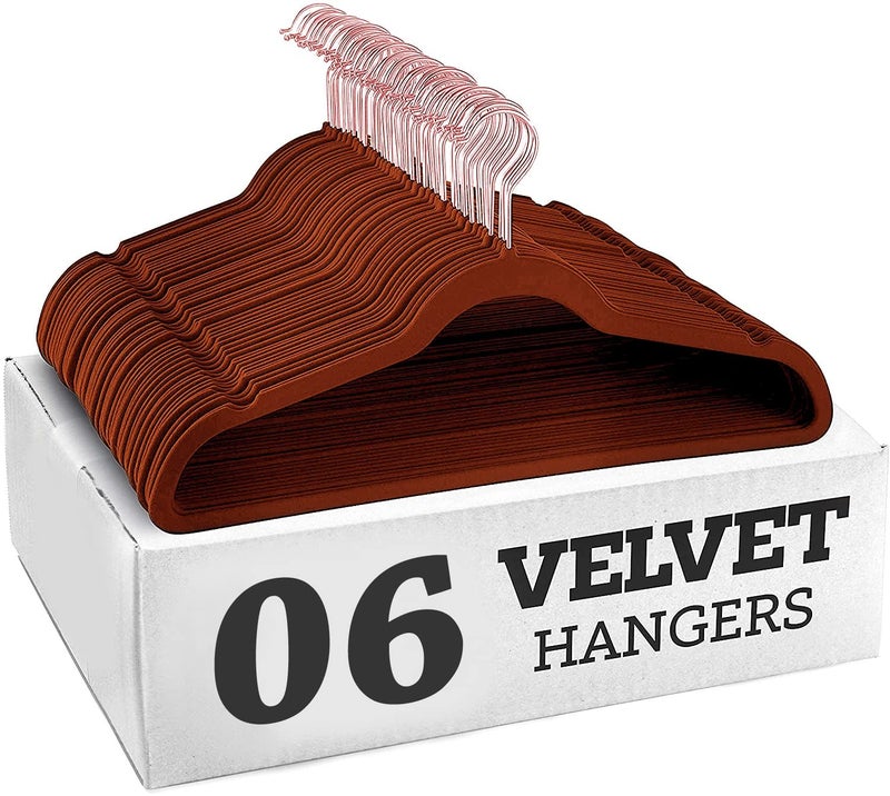 ZEPOLI Velvet Hangers 6 Pack, Non Slip Hangers with Rose Gold Color Swivel Hook, Slim Hangers Space Saving,Premium Velvet Hangers for Closet, Heavy Duty Velvet Hangers,Bronze - Image 1