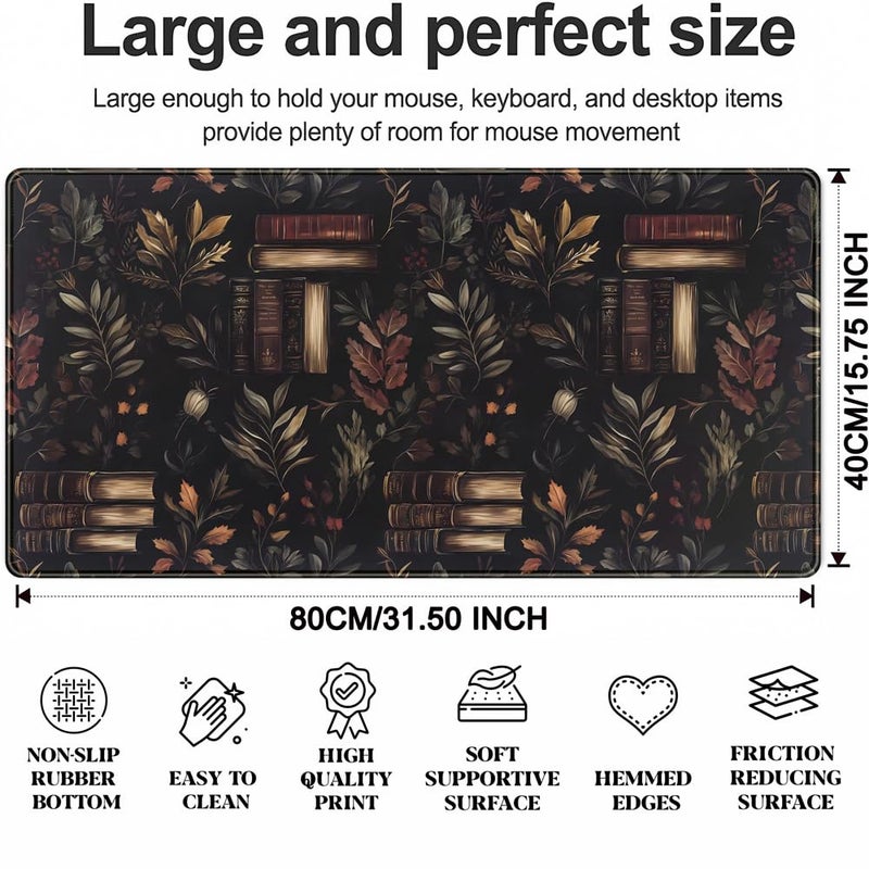 YKJWW Vintage Plant Desk Mat Gaming Large Mouse Pad, Vintage Books Gothic Desk Pad Bookcase Mouse Mat XXL Laptop Keyboard Pad, Laptop Keyboard Mousepad Aesthetic Accessories for Women 31.5" X 15.7" - Image 3
