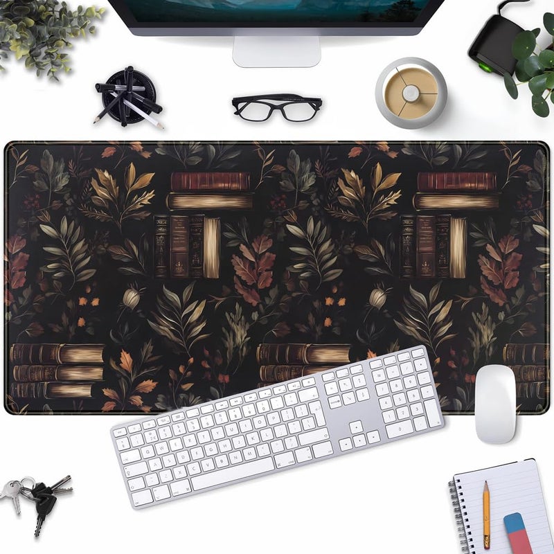 YKJWW Vintage Plant Desk Mat Gaming Large Mouse Pad, Vintage Books Gothic Desk Pad Bookcase Mouse Mat XXL Laptop Keyboard Pad, Laptop Keyboard Mousepad Aesthetic Accessories for Women 31.5" X 15.7" - Image 1