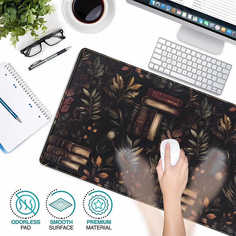 YKJWW Vintage Plant Desk Mat Gaming Large Mouse Pad, Vintage Books Gothic Desk Pad Bookcase Mouse Mat XXL Laptop Keyboard Pad, Laptop Keyboard Mousepad Aesthetic Accessories for Women 31.5" X 15.7" - Image 2