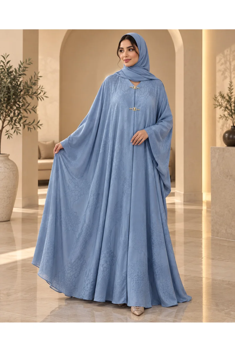 Kavalee Women's Luxury Floral Jacquard Batwing Abaya with Matching Hijab/Shawl - Powder Blue