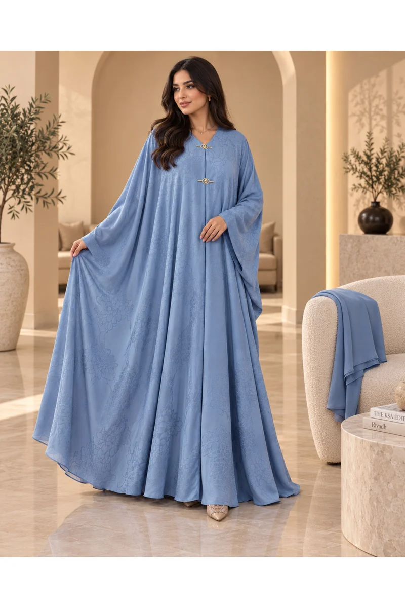 Kavalee Women's Luxury Floral Jacquard Batwing Abaya with Matching Hijab/Shawl - Powder Blue