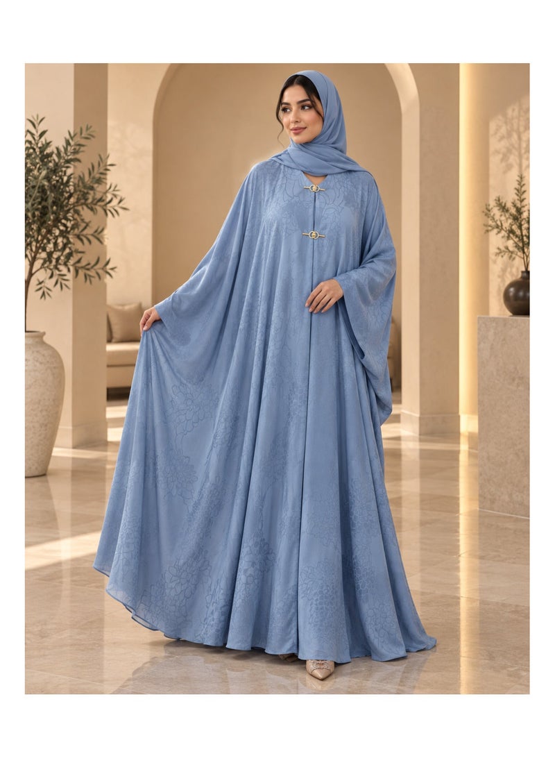 KAVALEE Women's Luxury Floral Jacquard Batwing Abaya with Matching Hijab/Shawl - Powder Blue - Image 1
