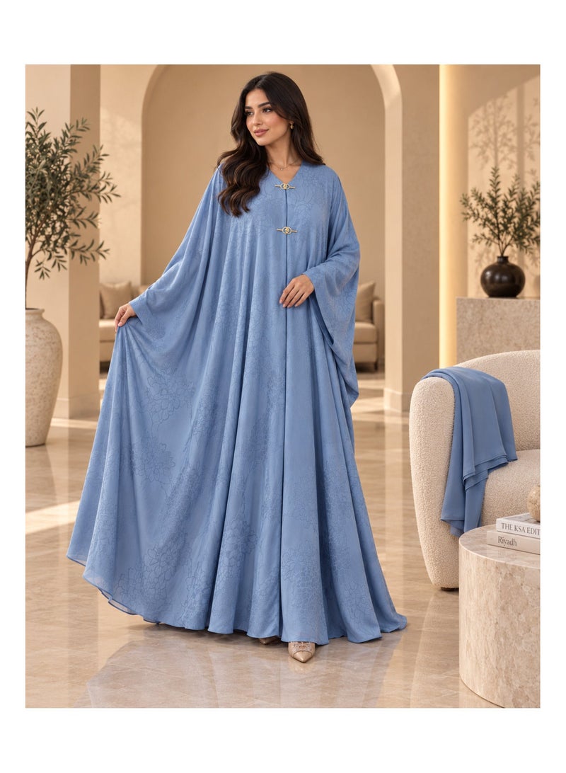 KAVALEE Women's Luxury Floral Jacquard Batwing Abaya with Matching Hijab/Shawl - Powder Blue - Image 2