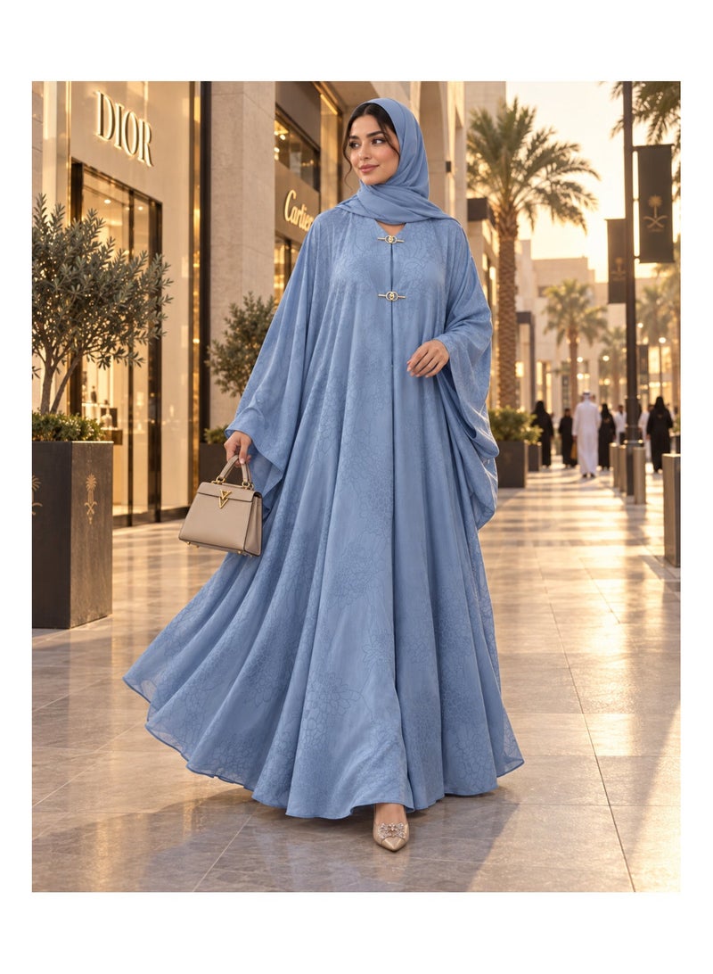 KAVALEE Women's Luxury Floral Jacquard Batwing Abaya with Matching Hijab/Shawl - Powder Blue - Image 4
