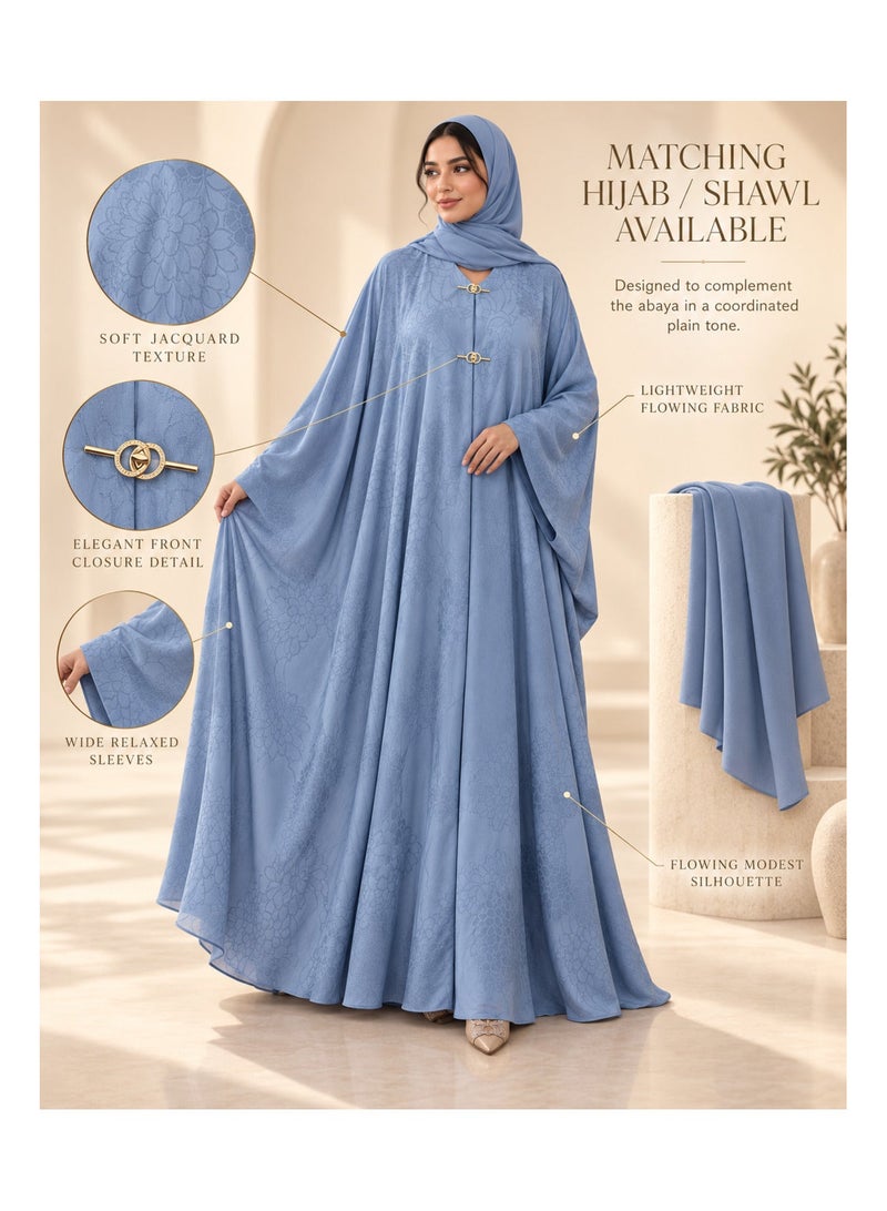 KAVALEE Women's Luxury Floral Jacquard Batwing Abaya with Matching Hijab/Shawl - Powder Blue - Image 5