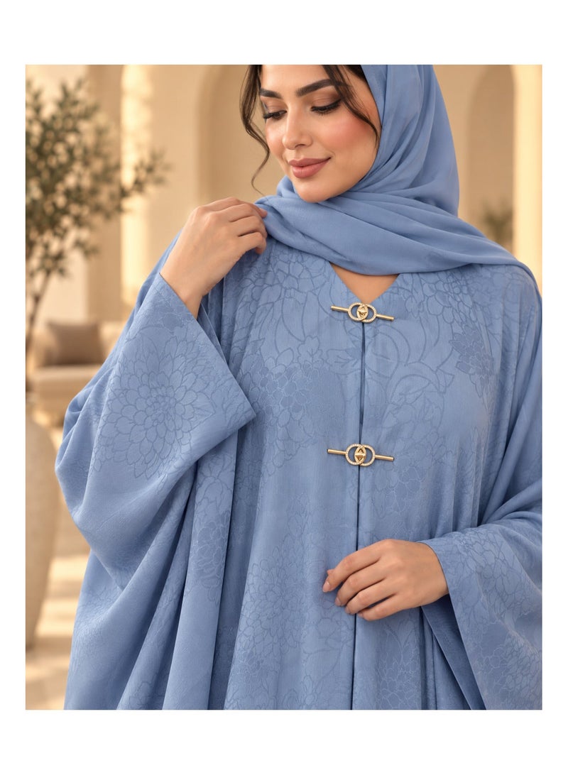 KAVALEE Women's Luxury Floral Jacquard Batwing Abaya with Matching Hijab/Shawl - Powder Blue - Image 3