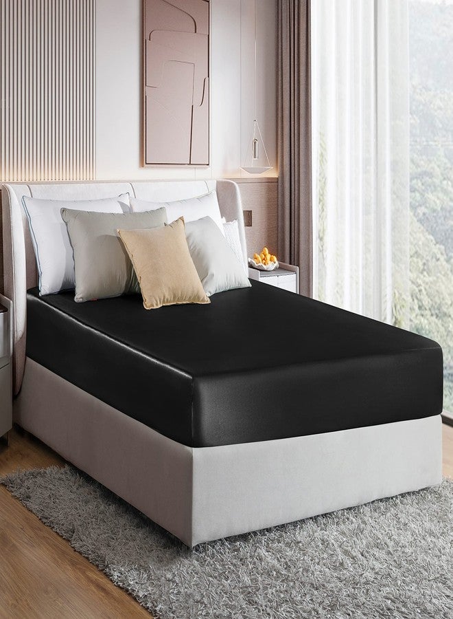 MILVOWOC Satin Fitted Sheet Twin XL, Black Single, Luxury Deep Pocket Bottom Bed Sheet, Soft Silky Bedding - Image 2