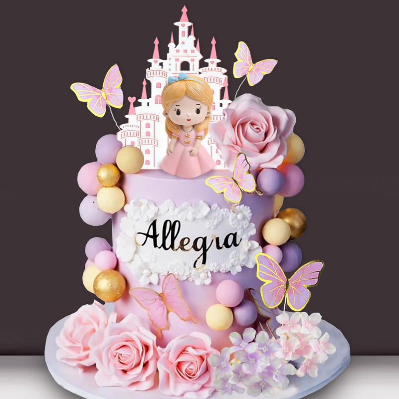 DRWATE 39 PCS Princess Cake Topper Castle Cake Decoration with Butterflies Artificial Flowers and Balls for Princess Birthday Supplies (Pink and Purple) - Image 1