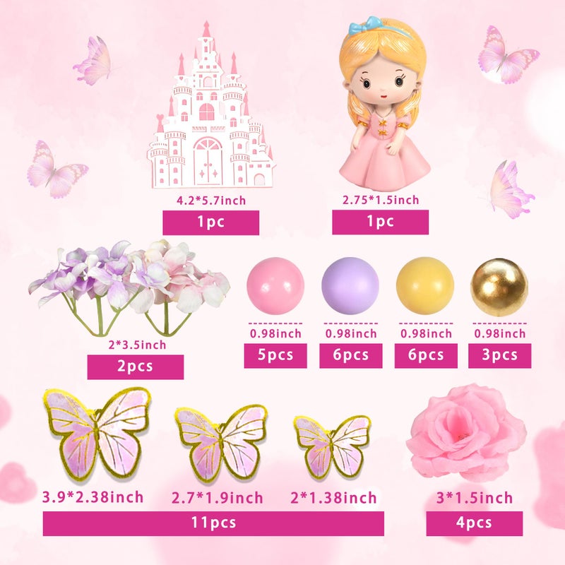 DRWATE 39 PCS Princess Cake Topper Castle Cake Decoration with Butterflies Artificial Flowers and Balls for Princess Birthday Supplies (Pink and Purple) - Image 2