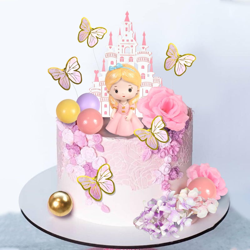 DRWATE 39 PCS Princess Cake Topper Castle Cake Decoration with Butterflies Artificial Flowers and Balls for Princess Birthday Supplies (Pink and Purple) - Image 4