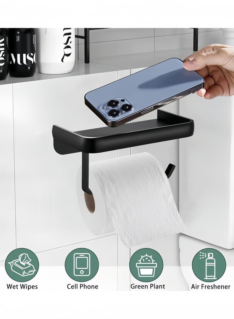 OR MENG Multifunctional Toilet Paper Holder, Tissue Holder for Bathroom With Shelf, Phone Holder, Watch and Accessories Tray, Wall-Mounted Space-Saving Organizer (2 Pack, Black) - Image 2