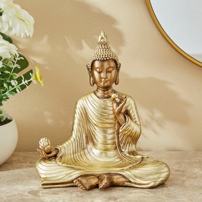 Karigaari India Resin Buddha Statue Meditating Buddha Idol for Home Dcor Golden Buddha Sculpture for Living Room Office and Spiritual Gifts - Image 1