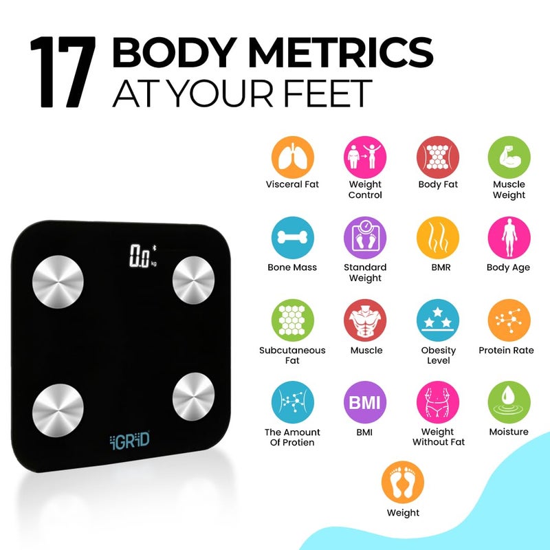 iGRiD Smart Bluetooth BMI Weight Machine for Body Weight, 17 Essential Parameters with ALFit App, Body Fat Analyzer, Full Body Composition Scale with LED Light, Lightweight & Portable, 1-Year Warranty - Image 2