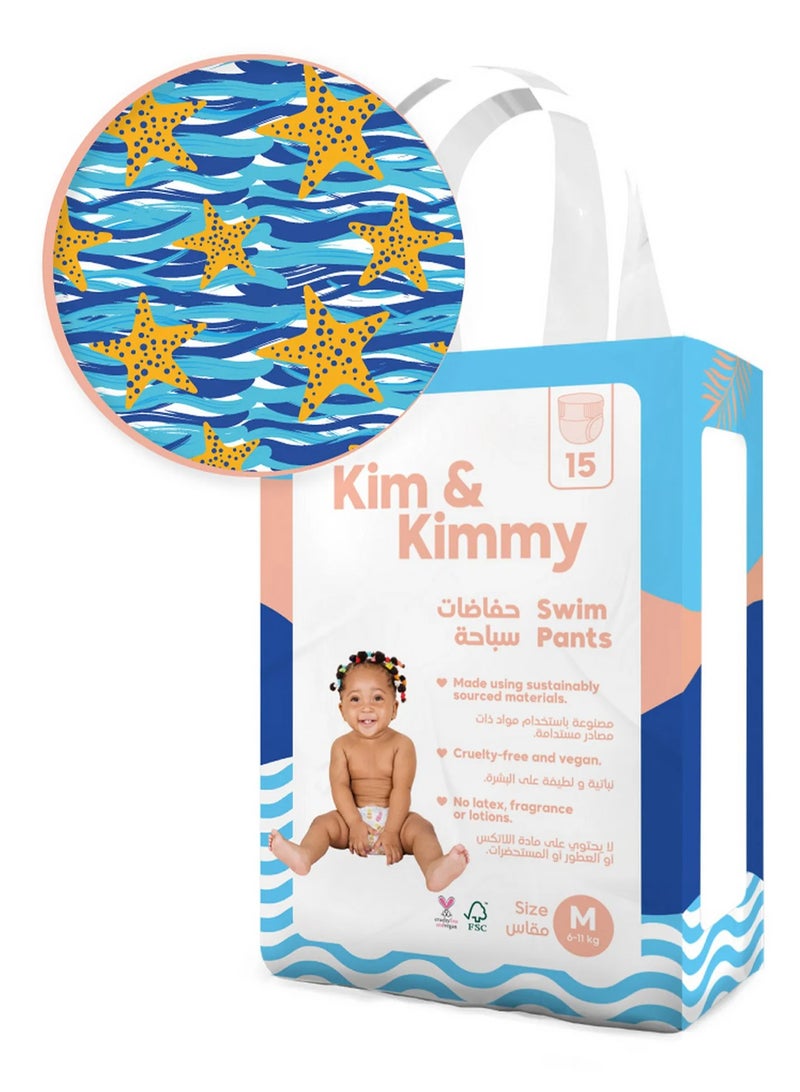 Kim & Kimmy Starfish Splash Swim Diapers, 15 Pieces, Medium, 6-11kg - Soft Leg Cuffs, Bubble Waistband, Easy On and Off