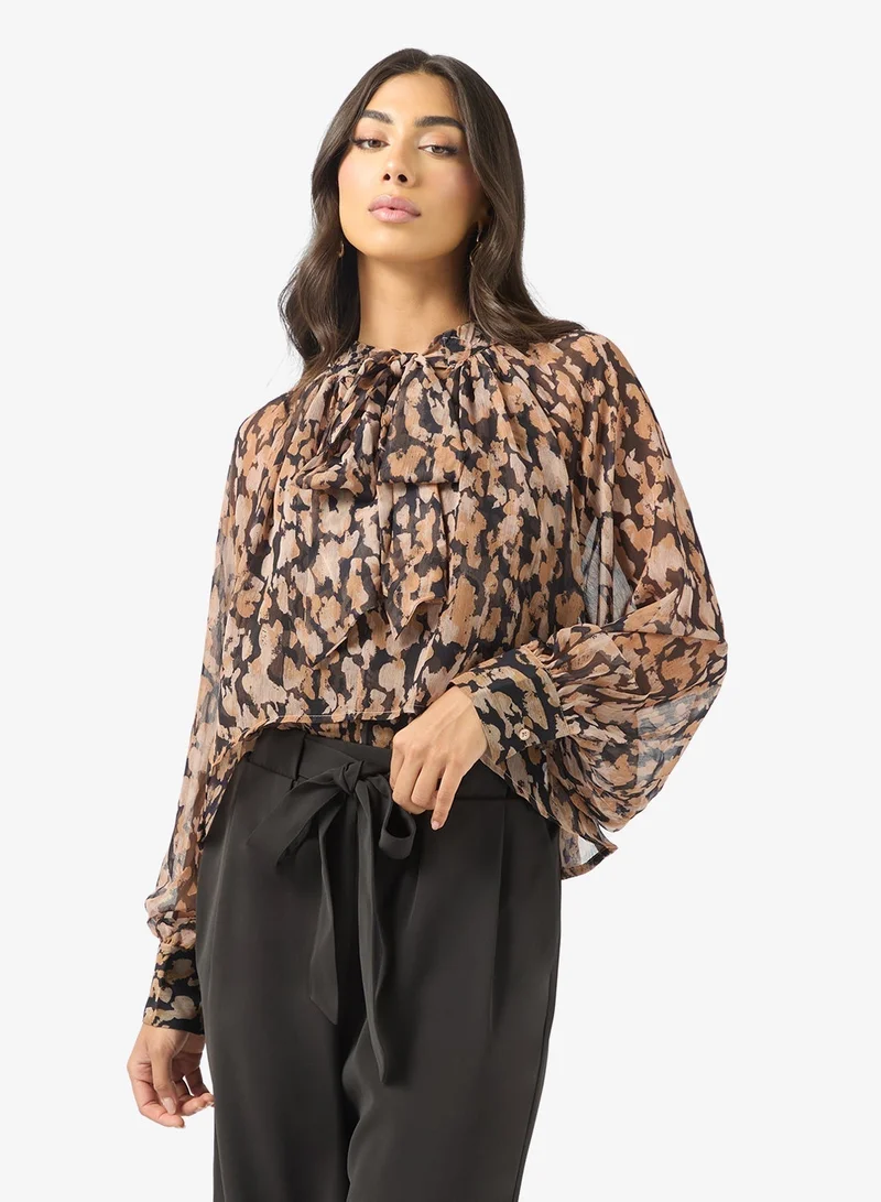 BCBG Tie Neck puff sleeve Top