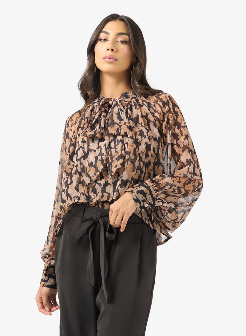 BCBG Tie Neck puff sleeve Top - Image 1