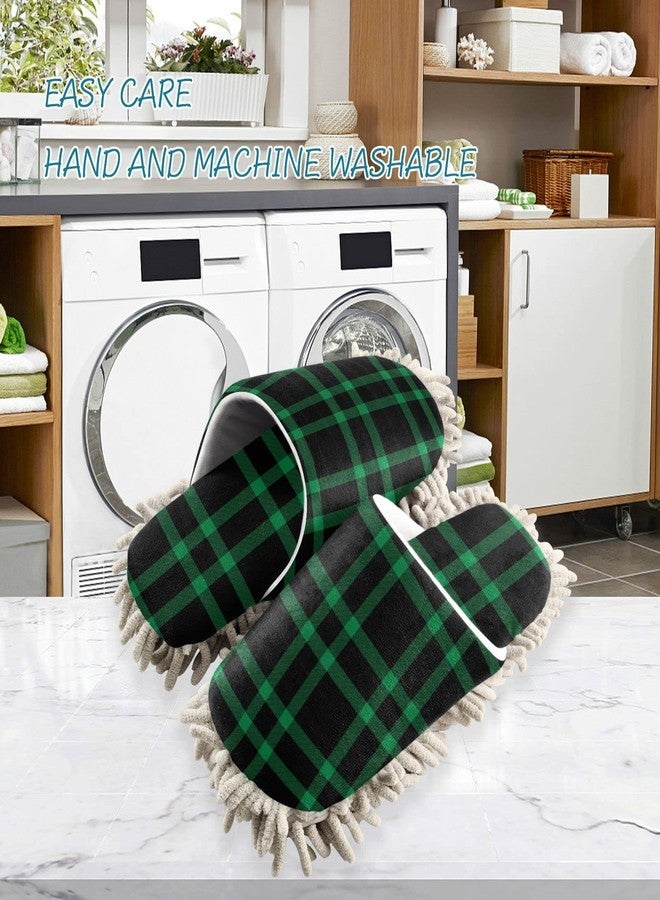 Kigai Microfiber Cleaning Slippers Black Green Plaid Washable Mop Shoes Slipper for Men/Women House Floor Dust Cleaner, Size L - Image 3