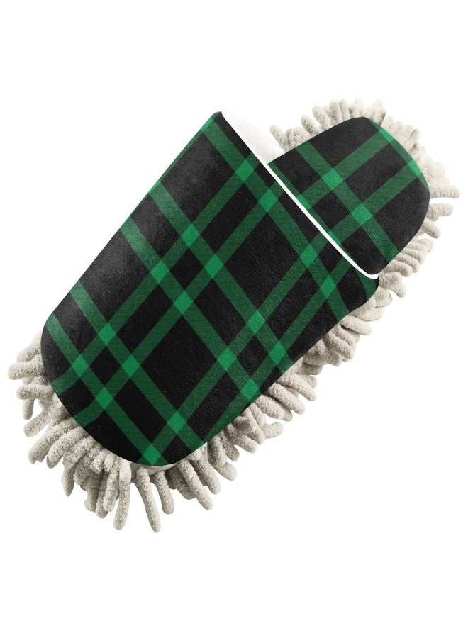 Kigai Microfiber Cleaning Slippers Black Green Plaid Washable Mop Shoes Slipper for Men/Women House Floor Dust Cleaner, Size L - Image 2