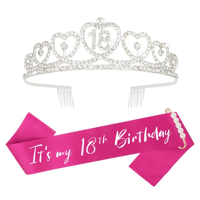 CURASA 18th Birthday Sash and Crown for Women Adult Birthday Decoration Party Favor Pink Sash and Silver Crown