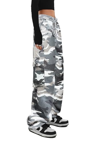 SESERAGI Cargo Pants Women Baggy Streetwear Y2K Drawstring Trousers Wide Leg Pants Light Grey XL - Image 3