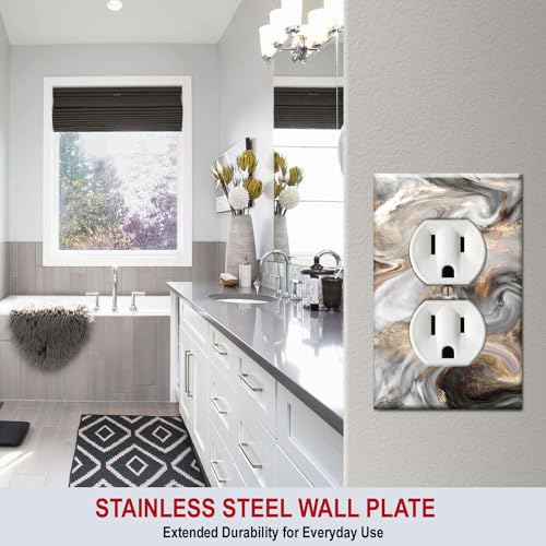 Art Plates - Single Gang Electrical Duplex Outlet Decorative Metal Wall Plate - 1 Gang Outlet Plug Cover - Grey and Brown Swirl Marble - Granite Print (Made in USA) - Image 3