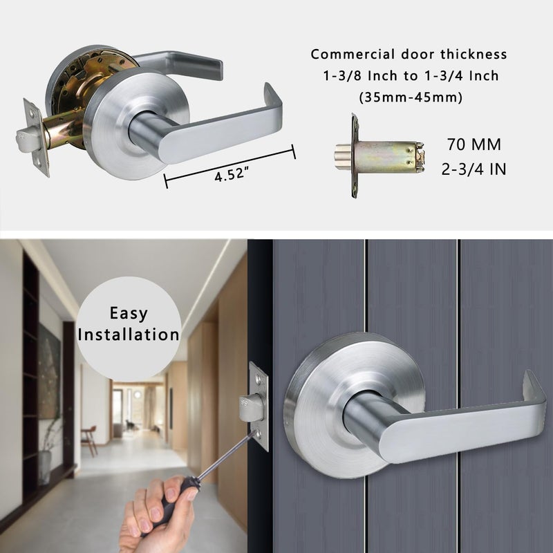 HISAFE Heavy Duty Commercial Passage Door Lever, Satin Chrome Finished Non-Locking Grade 2 Door Handle, UL 3 Hour Fire Rated Ergonomic Lever for School/Hotel Hallway, 70mm Latch - Image 4
