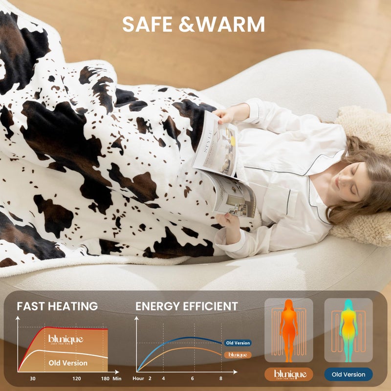 blunique Heated Blanket Throw Electric Blanket with Foot Pocket, GentleSoft Flannel Blanket Throw with 10 Heating Settings,10 Hours Auto Off, Cow Print Cozy Soft, Washable, Warm Gifts (50x62 Inch) - Image 4