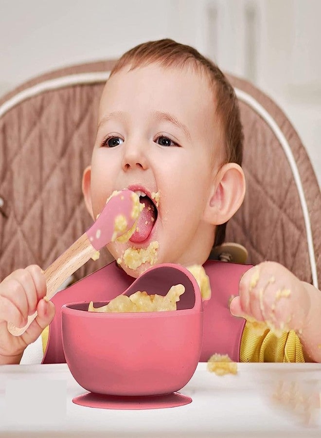 YOMITH Silicone Baby Food Dish and Bowl with Wooden Handle Spoon, Flexible Food-Grade Silicone, Super Suction Base, Non-Slip, Kids Training Feeding Tableware (Pink 3 PCS Set) - Image 3