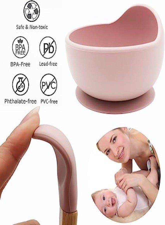 YOMITH Silicone Baby Food Dish and Bowl with Wooden Handle Spoon, Flexible Food-Grade Silicone, Super Suction Base, Non-Slip, Kids Training Feeding Tableware (Pink 3 PCS Set) - Image 4
