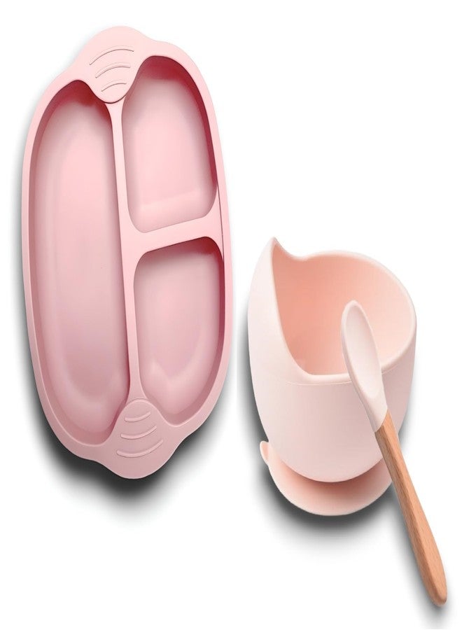 YOMITH Silicone Baby Food Dish and Bowl with Wooden Handle Spoon, Flexible Food-Grade Silicone, Super Suction Base, Non-Slip, Kids Training Feeding Tableware (Pink 3 PCS Set) - Image 1