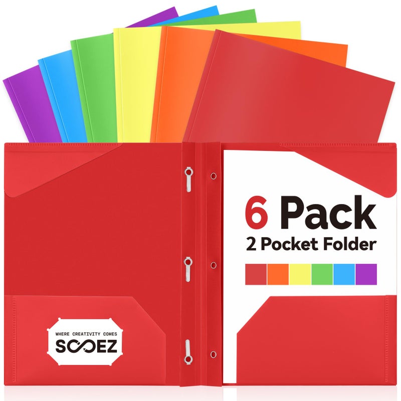 Sooez Plastic Folders with Pockets and Prongs, 6 Pack Pocket Folders with Prongs, Heavy Duty 3 Prong 2-Pocket Folders for Document, Colored File Folder Back to School Supplies for Kids - Image 1