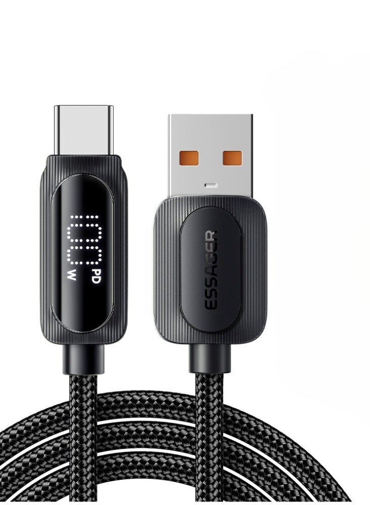 Essager 7A 100W USB-C SuperVooc, SuperCharge, Flash Charge Cable Digital display – USB-A to USB-C – PD3.0/QC3.0 – Nylon Braided- for Samsung-Huawei-HONOR-OPPO-VIVO-OnePlus-Realme (Black, 1 meter) - Image 1