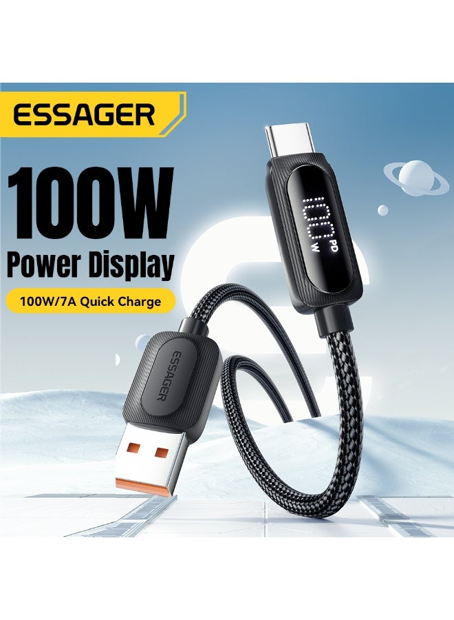 Essager 7A 100W USB-C SuperVooc, SuperCharge, Flash Charge Cable Digital display – USB-A to USB-C – PD3.0/QC3.0 – Nylon Braided- for Samsung-Huawei-HONOR-OPPO-VIVO-OnePlus-Realme (Black, 1 meter) - Image 3