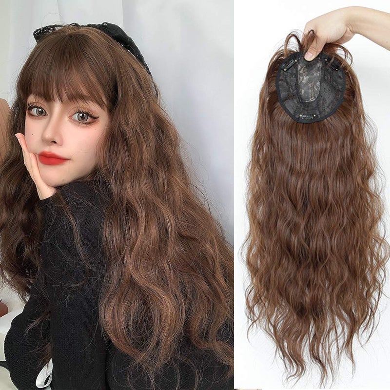 24 Long Full Topper Clip in Snythetic Hairpiece with Bangs Full Head Wear Curly Wavy Black