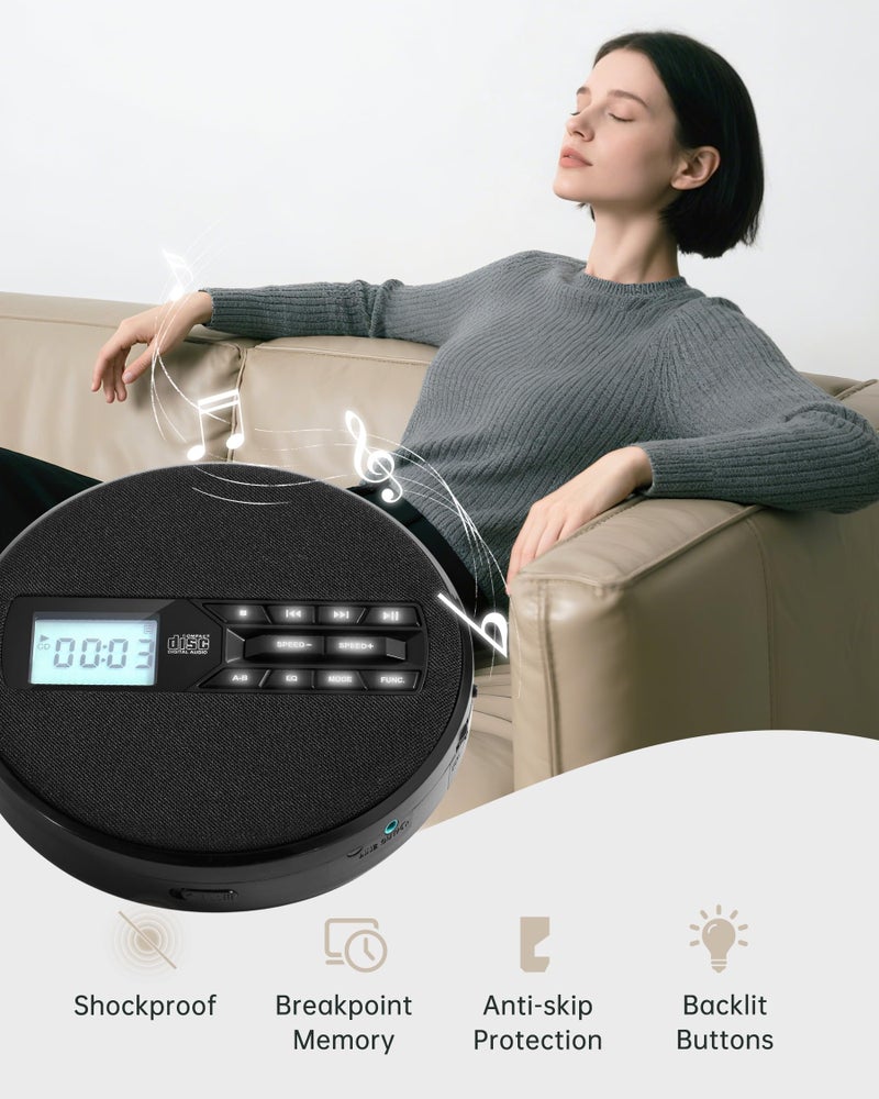 SFOOEOJ CD Player Portable with Speakers - Rechargeable Personal CD Player for Car and Home, Small Fabric Music Player with Backlit Display, Anti-Skip, AUX/USB Port - Ideal for Audiobooks & Gifts - Image 3