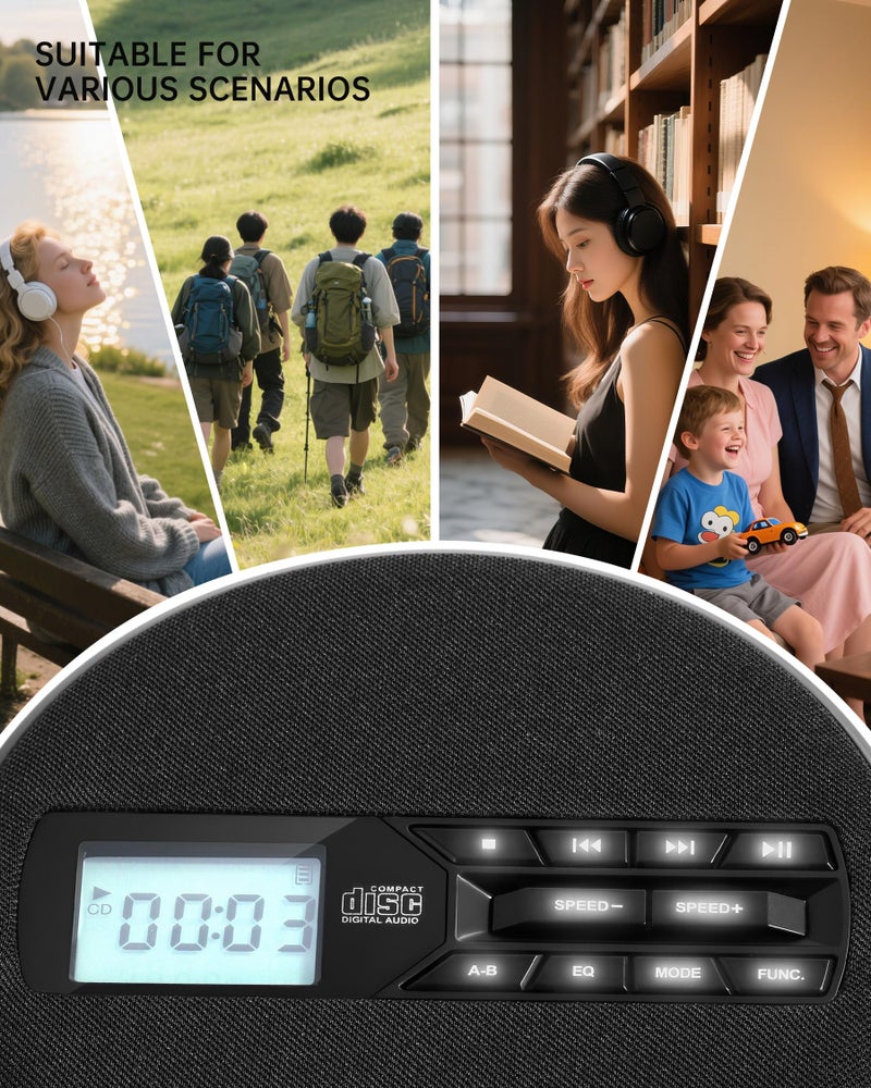 SFOOEOJ CD Player Portable with Speakers - Rechargeable Personal CD Player for Car and Home, Small Fabric Music Player with Backlit Display, Anti-Skip, AUX/USB Port - Ideal for Audiobooks & Gifts - Image 5