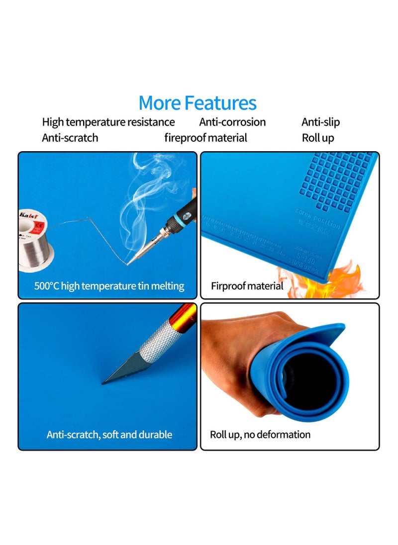 SYOSI Magnetic Silicone Soldering Mat - Heat Resistant 932°F, 13.8 x 9.8 inch Insulation Repair Work Mat for Electronics, Phone, Soldering Iron, BGA - Ideal for Workbench - Blue  - Image 4