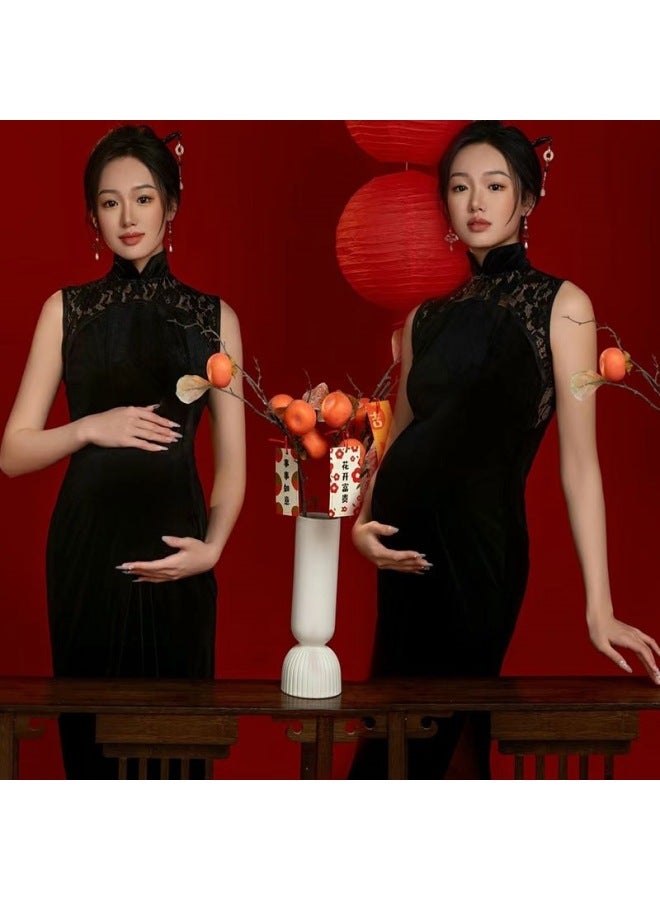 2024 Maternity Photo Costume New Studio Chinese Style Retro Velvet Cheongsam Art Photo Dress