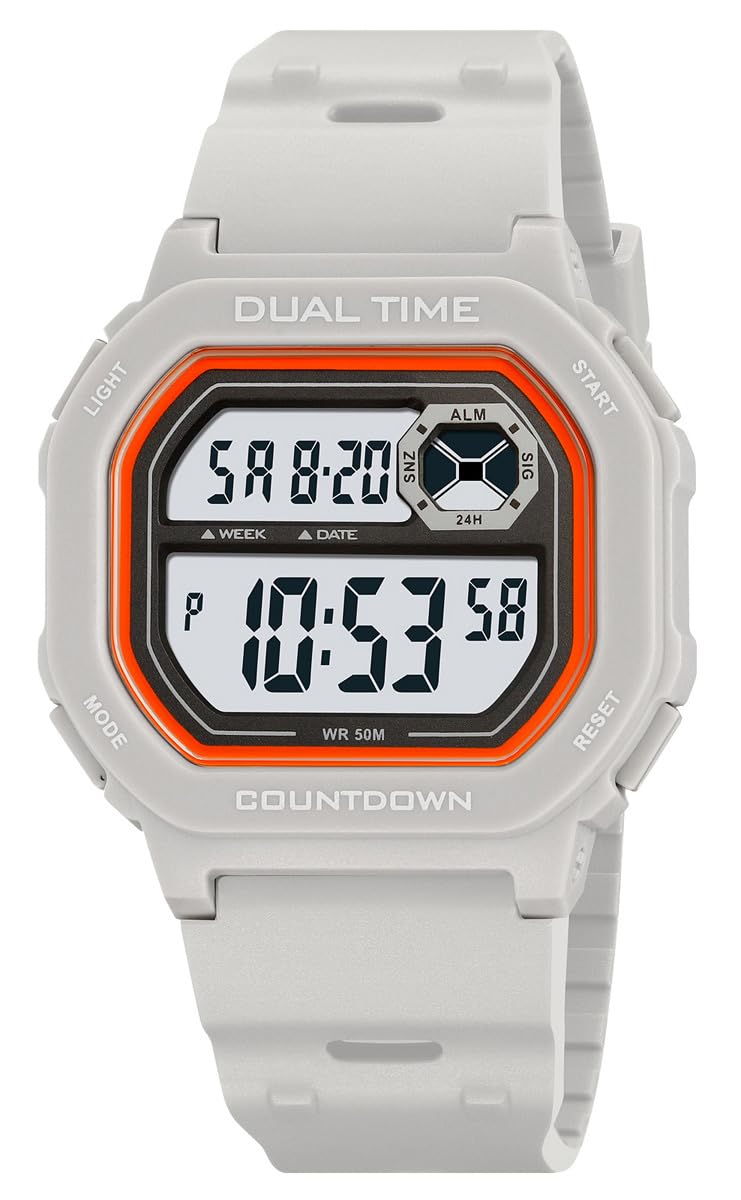 Reginald Watches for Men Fashion Trend Multifunction Waterproof Watch EL Light Digital Chronograph TPU Watch Strap Square Watches (Grey) - Image 1