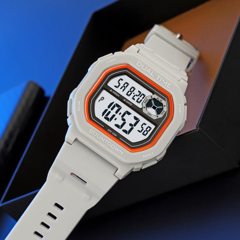 Reginald Watches for Men Fashion Trend Multifunction Waterproof Watch EL Light Digital Chronograph TPU Watch Strap Square Watches (Grey) - Image 4