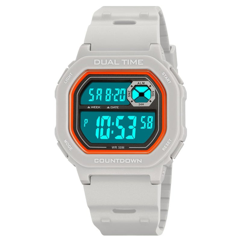 Reginald Watches for Men Fashion Trend Multifunction Waterproof Watch EL Light Digital Chronograph TPU Watch Strap Square Watches (Grey) - Image 2