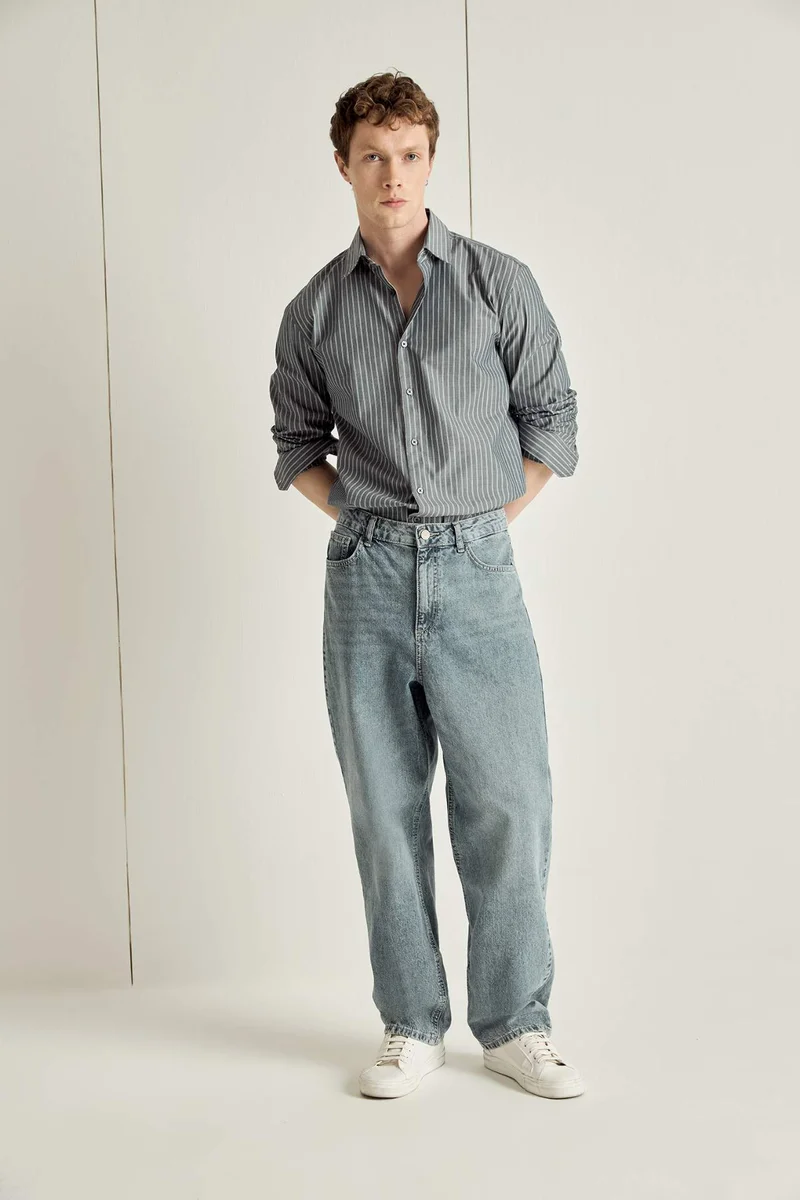 ديفاكتو Modern Fit Shirt Collar Striped Linen Blended Long Sleeve Shirt