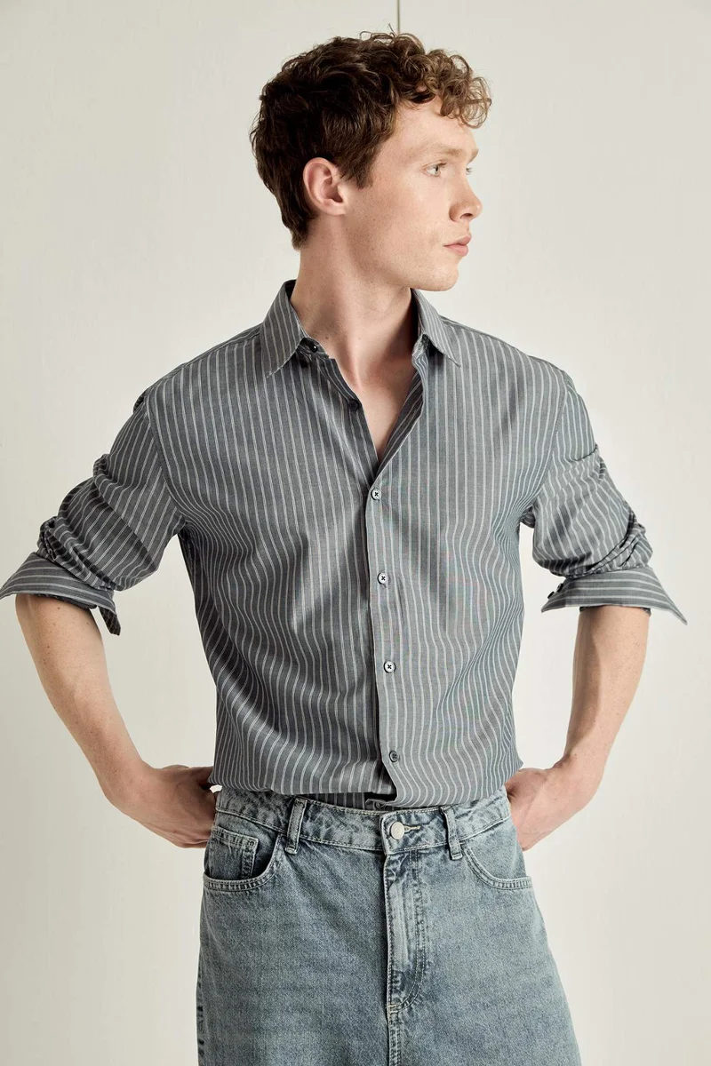 ديفاكتو Modern Fit Shirt Collar Striped Linen Blended Long Sleeve Shirt