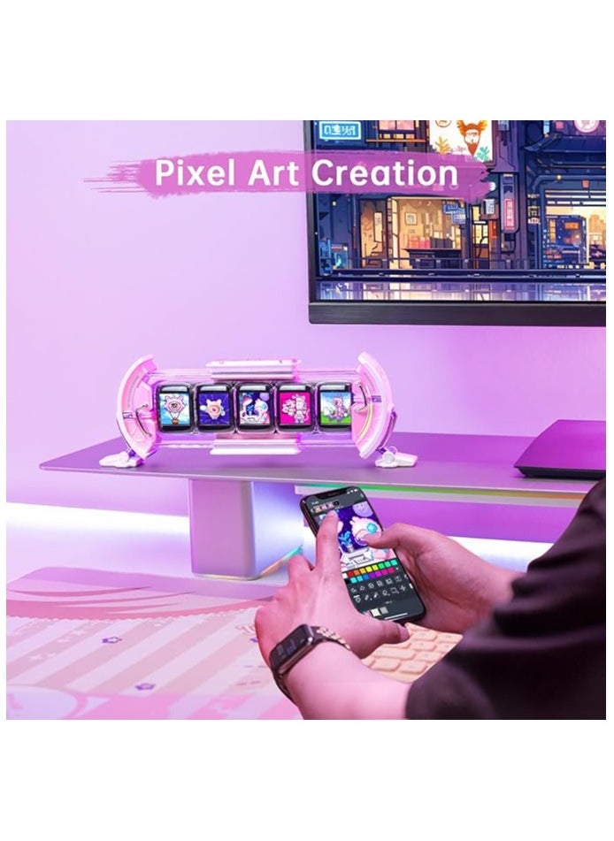 ديفوم - شاشة Times Gate WiFi Pixel Art بالمعلومات 5 قطع 128x128 IPS شاشة LED أضواء ساعة رقمية مزخرفة مع التحكم في التطبيق لتزيين طاولة غرفة الألعاب باللون الوردي - Image 1